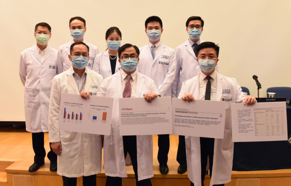 HKUMed identifies home as the primary route of COVID-19 transmission among Hong Kong children and adolescents, calls for action on their psychosocial well-being due to the pandemic and school closure.

Back row (from left): Dr Wilfred Wong Hing-sang, Senior IT Manager, Department of Paediatrics and Adolescent Medicine, HKUMed; Professor Ian Wong Chi-kei, Lo Shiu Kwan Kan Po Ling Professorship in Pharmacy, Head and Professor, Department of Pharmacology and Pharmacy, HKUMed; Dr Winnie Tso Wan-yee, Dr Gilbert T Chua, Clinical Assistant Professor; and Professor Leung Wing-hang, Head and Clinical Professor, Department of Paediatrics and Adolescent Medicine, HKUMed.

Front row (from left): Dr Kelvin To Kai-wang, Head and Clinical Associate Professor, Department of Microbiology, HKUMed; Dr Patrick Ip, Clinical Associate Professor; and Dr Mike Kwan Yat-wah, Honorary Clinical Associate Professor, Department of Paediatrics and Adolescent Medicine, HKUMed.